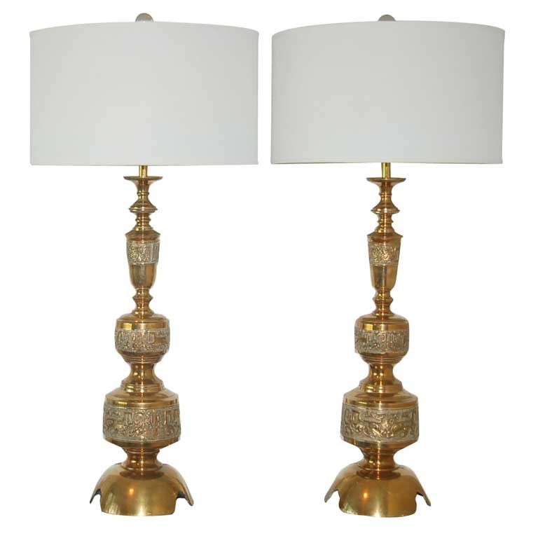 Intricately Carved Vintage Brass Table Lamps a La James Mont - Swank  Lighting